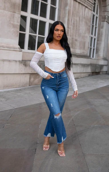 Blue Mid Wash High Waisted Ripped 3/4 Distressed Hem Jeans - Karma