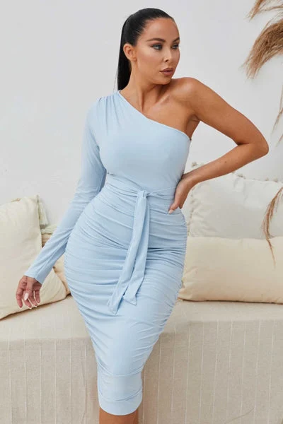 Blue One Shoulder Ruched Slinky Midi Dress - Savannah