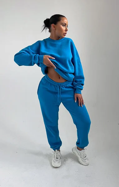 Blue Oversized Crew Neck Sweatshirt Cuffed Joggers Loungewear Set - Averi