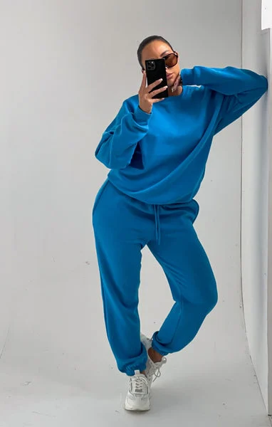 Blue Oversized Long Sleeve Crew Neck Raw Hem Crop Sweatshirt Cuffed Joggers Loungewear Set - Averi