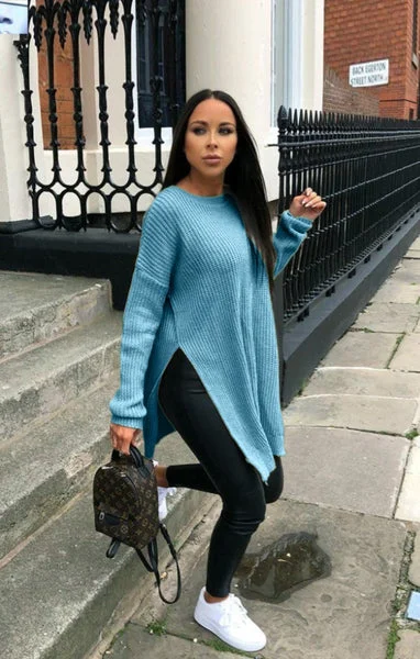 Blue Oversized Split Side Knitted Jumper - Lore