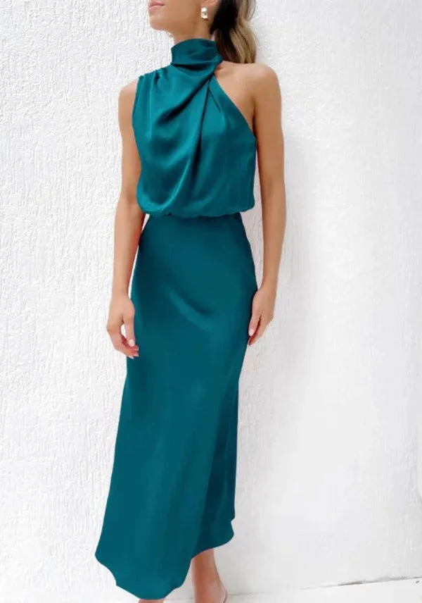 Blue Satin Drape Asymmetric Strap Midi Dress