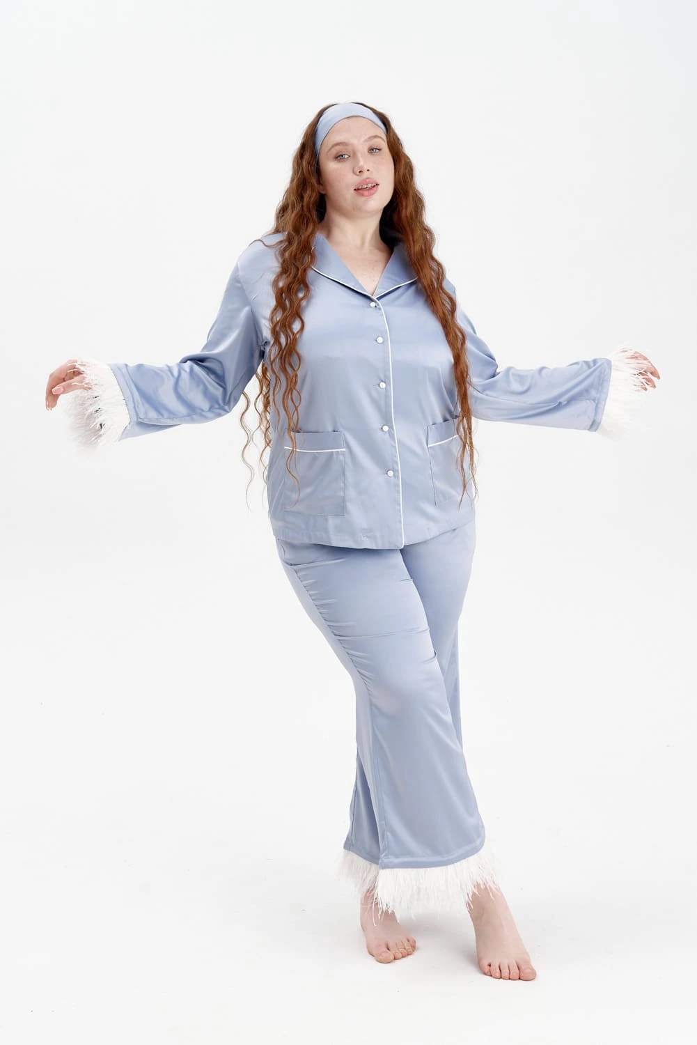 Blue Satin Pyjamas with Feather Trims