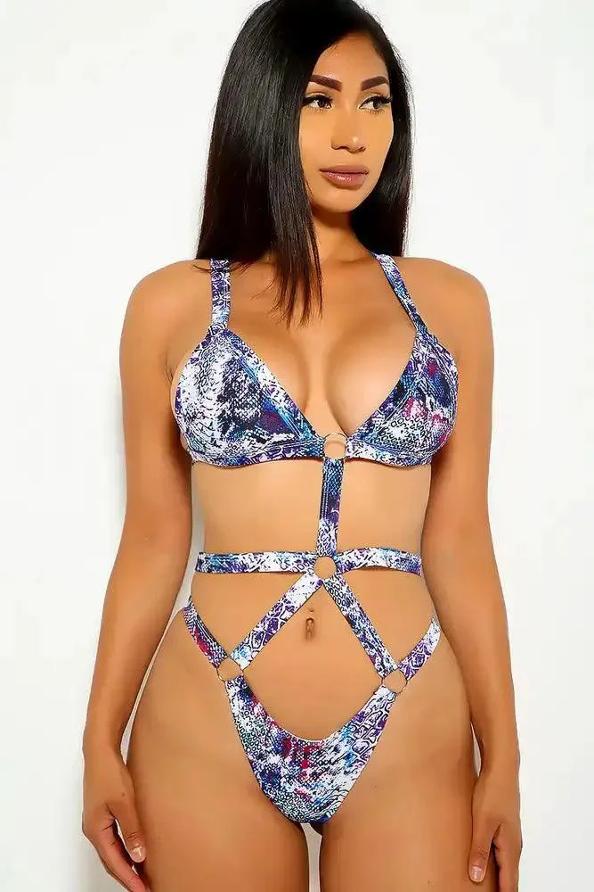 Blue Snake Print Strappy Caged Monokini