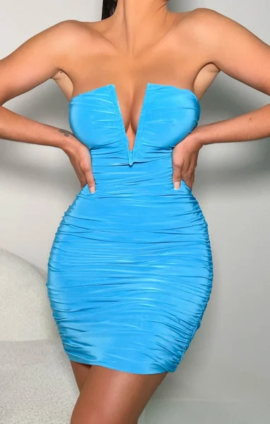 Blue V Neck Ruched Bodycon Mini Dress - Kori