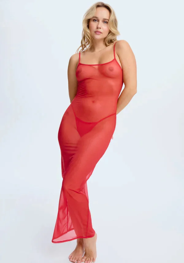 Blush The Mesh Red Sheer Mesh Stretch Maxi Dress