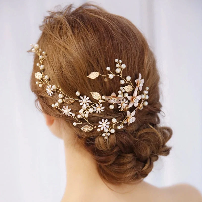 Blush Pink & Gold Flowers Wedding Hair Vine