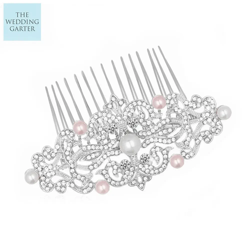Blush Pink & Ivory Pearl Rhinestone Vintage Bridal Headpiece (8 Colours)