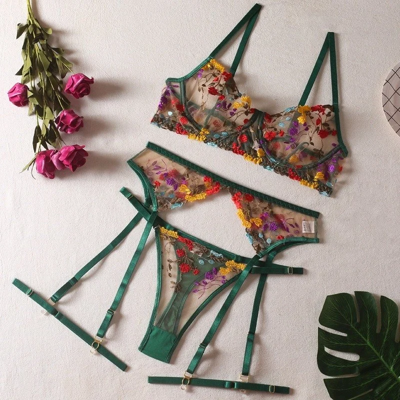 Boho Embroidered Lingerie Set - Green