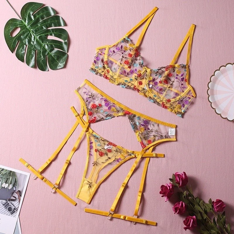 Boho Embroidered Lingerie Set - Yellow