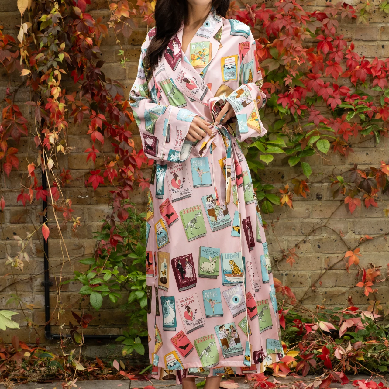Book Covers Long Silk Robe in Pale Pink