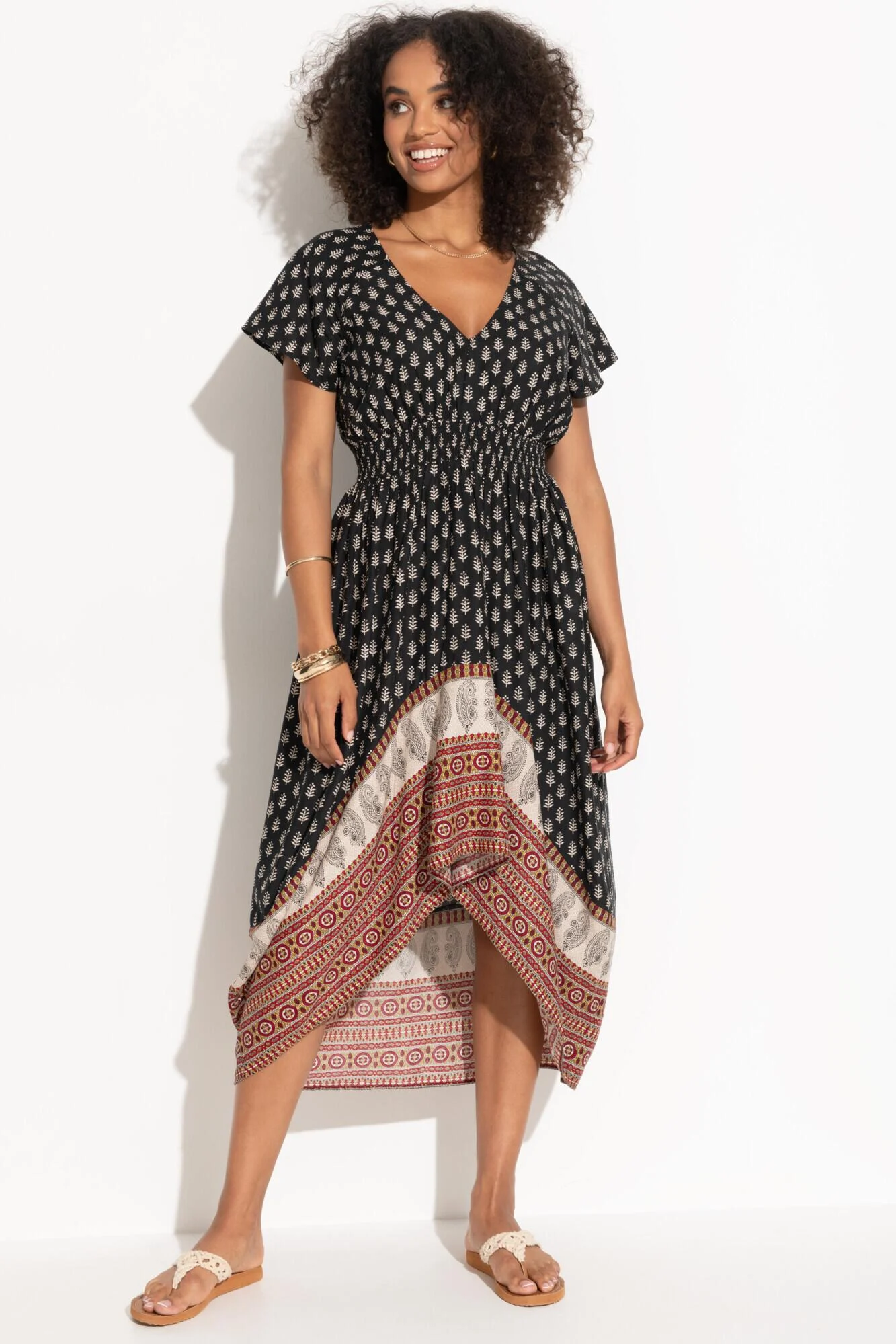 Border Print High Low Midaxi Beach Dress - Black/Mix
