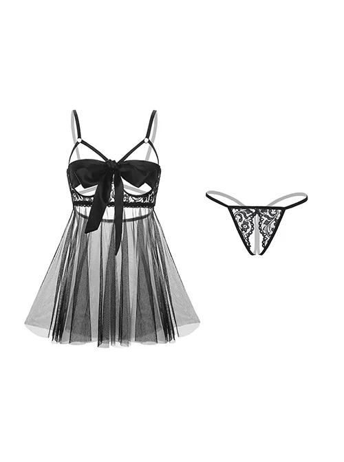 Bow Half-Exposed Chest Ribbon Wrapped Chest With Underwire Back Slit Hem Nightdress Open Crotch T-pants Plus Size Sexy Lingerie Set