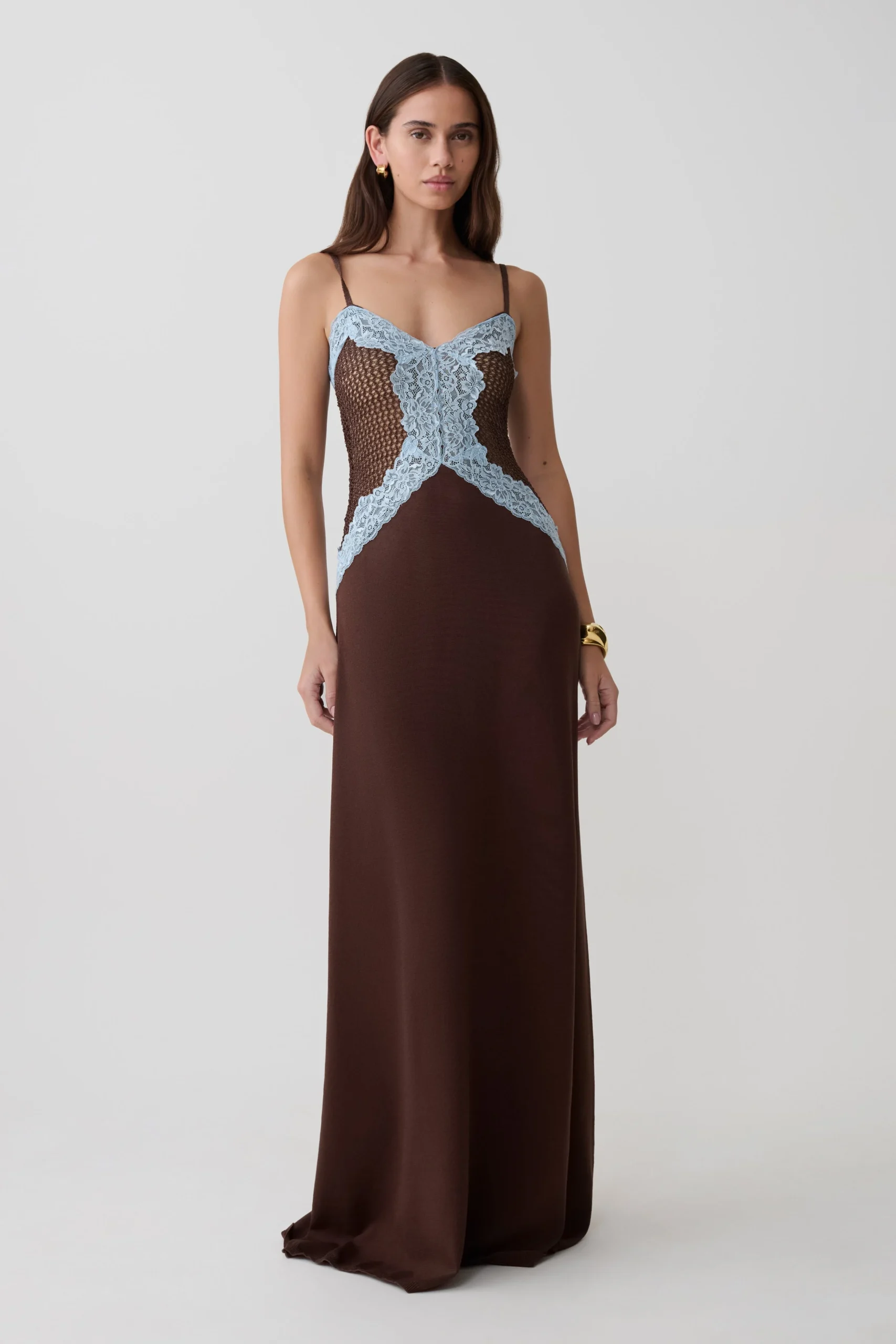 BrayKnit & Lace Maxi Dress - Chocolate/Blue