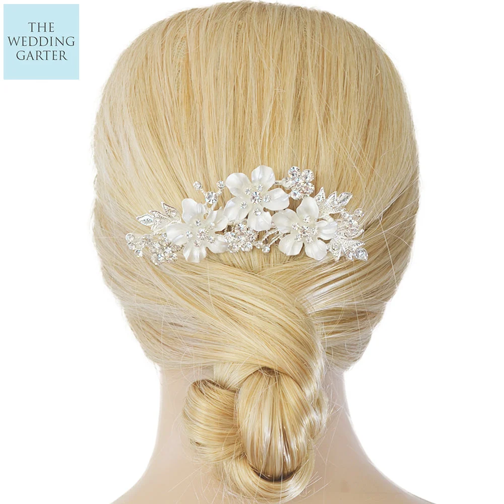 Bridal Headpiece Comb With Ivory Flowers & Crystals