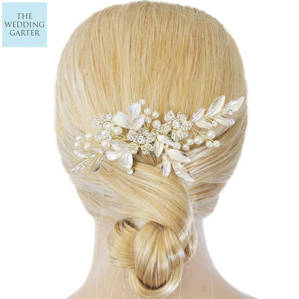 Floral Bridal Headpiece Comb With Pearls & Crystals
