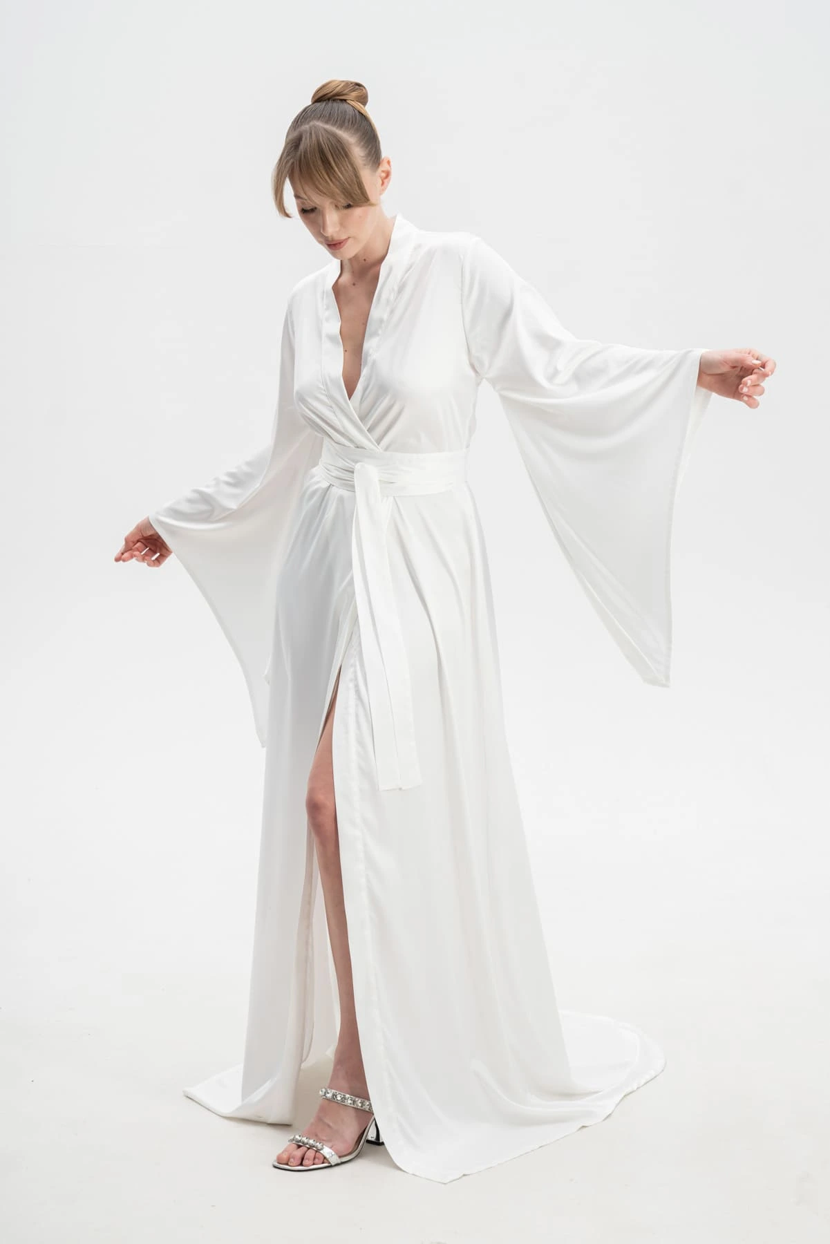 Bridal Satin Dressing Gown in White with Long Train