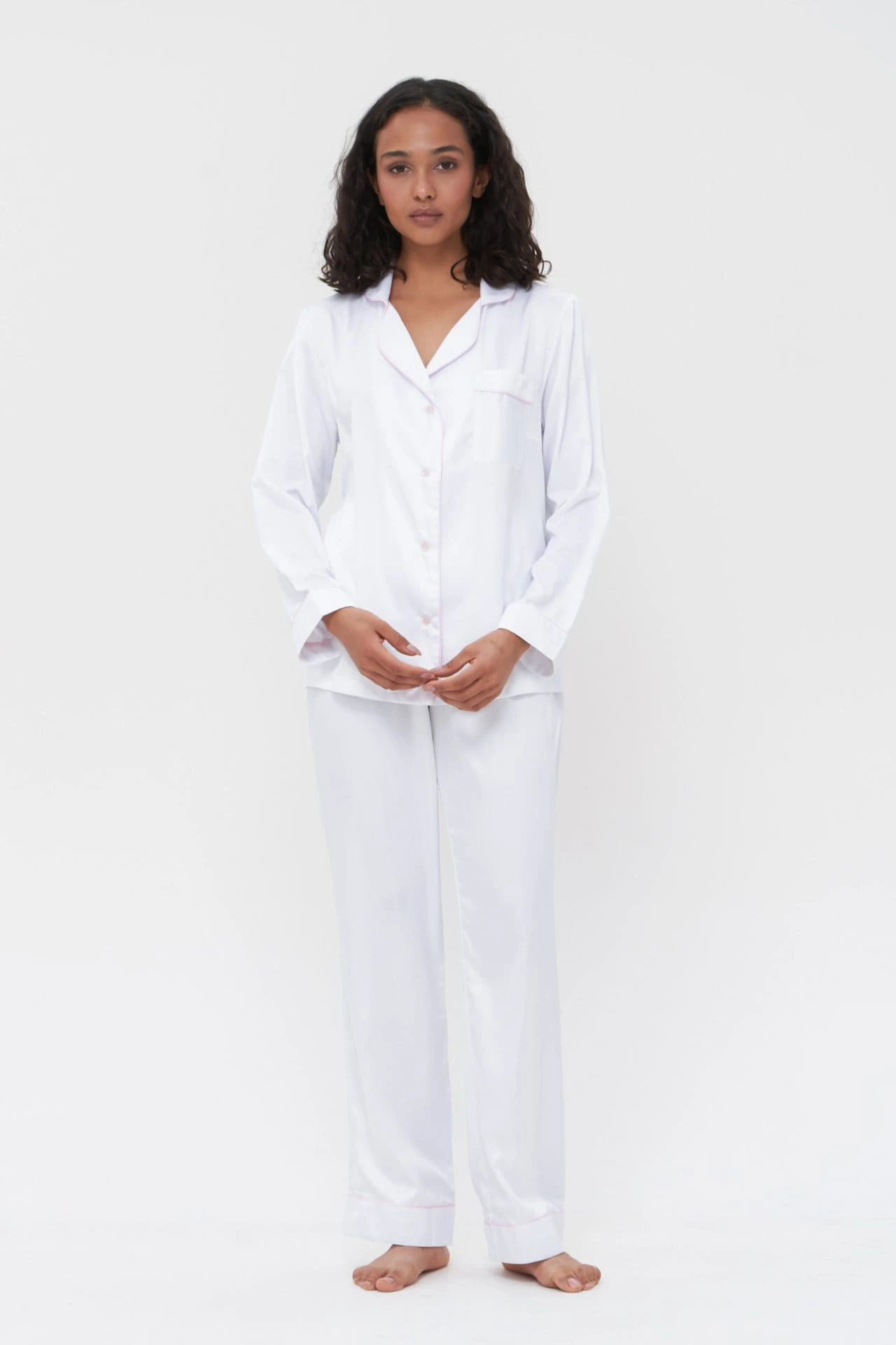 Bridal Satin Pyjamas in White with Button Up Top