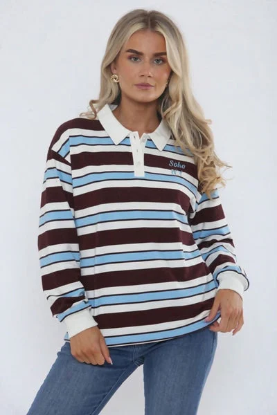 Brown AndBlue Stripe Oversized Polo Sweatshirt-Soho