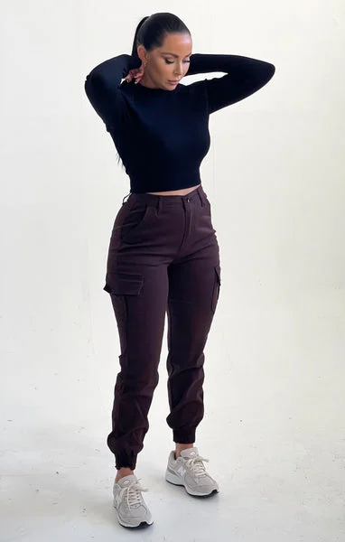 Brown Button Up High Waisted Cuffed Cargo Trousers - Evelina