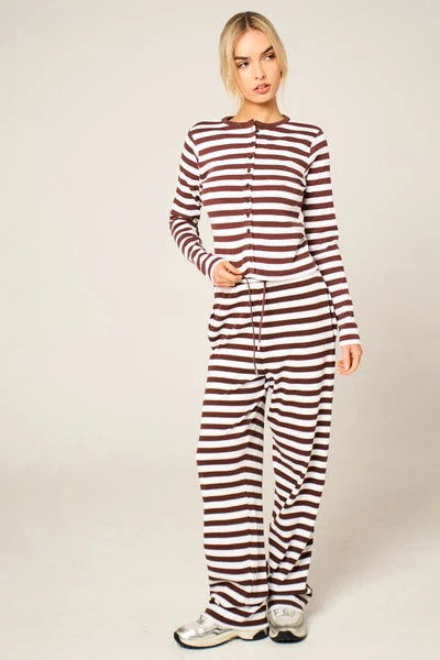 Brown Contrast Striped Molly Button Top and Wide Leg Trousers - Elisanta