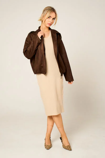 Brown Faux Suede Zip Up Bomber Jacket - Luziana