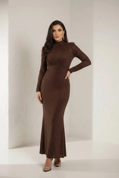 Brown High-Neck Fully Embellished Crystal Mermaid Gown-Myna