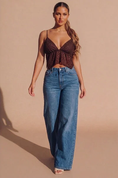 Brown Lace Handkerchief Hem Cami Top - Fynao