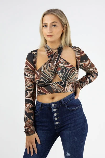 Brown Marble Print Slinky Cross Wrap Halter Crop Top - Donelia