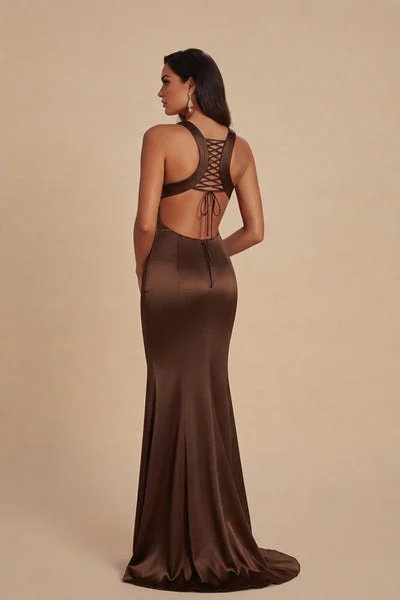 Brown Satin Thigh Split Maxi Dress-Vona