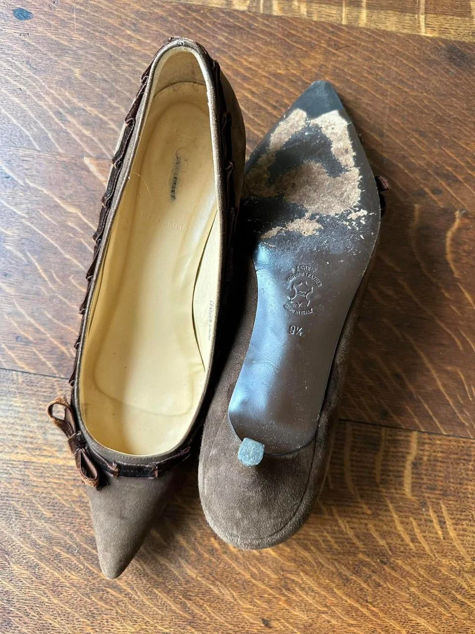 Brown Vintage Suede Velvet Ribbon Bow Kitten Heels (9.5)