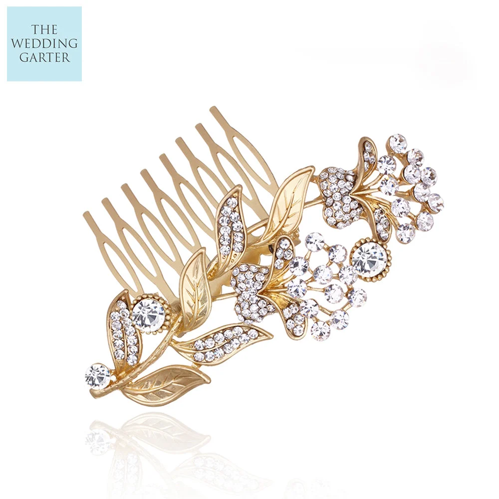 Brushed Gold Floral Crystal Bridal Headpiece Comb