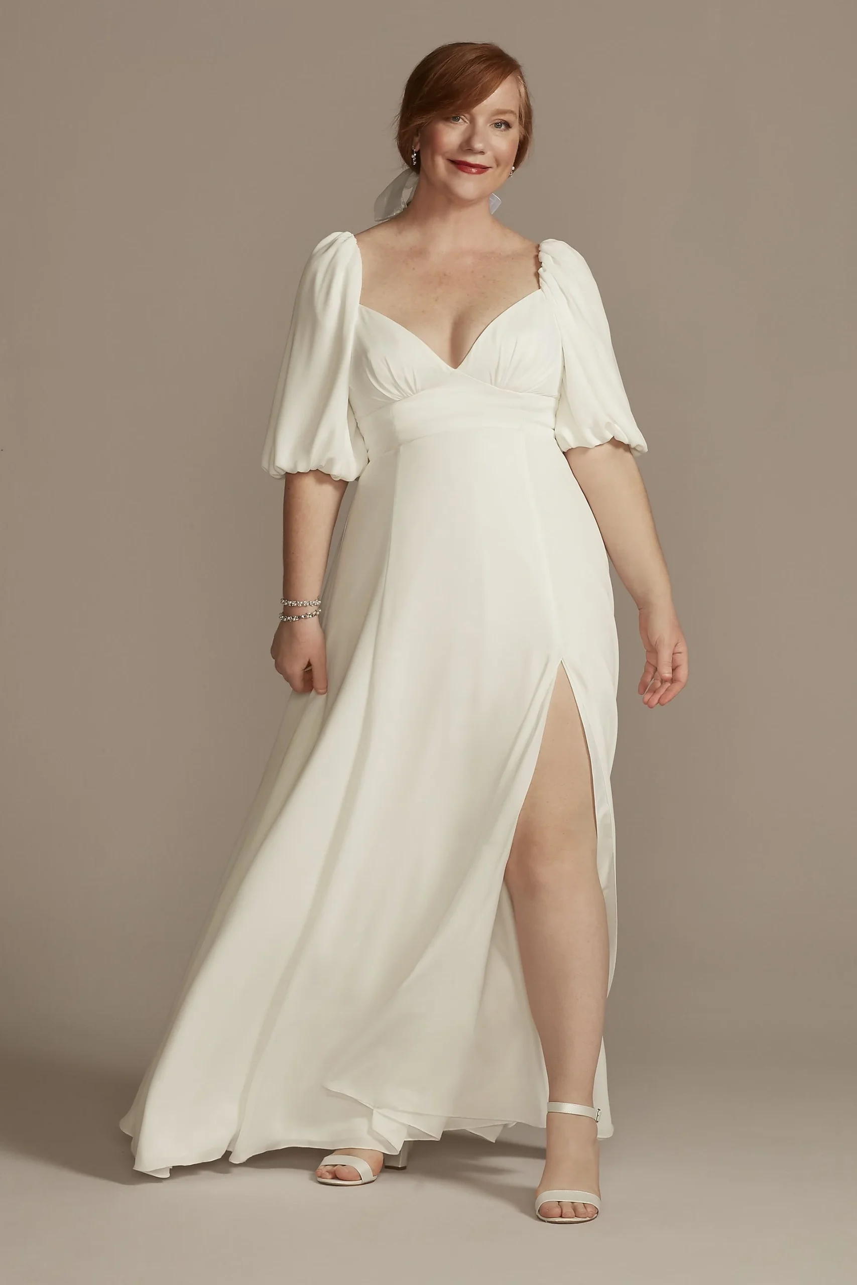Bubble Sleeve Georgette V-Neck Wedding Dress
