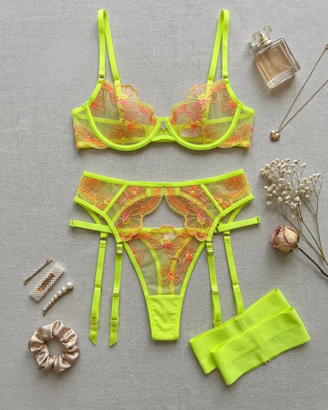 Buckle Up Buttercup – Neon Embroidered 3 Piece Lingerie Set