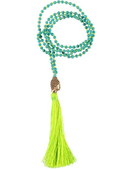 Buddha Head Bead Necklace, Lime Tassel
