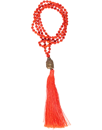 Buddha Head Bead Necklace, Orange Tassel