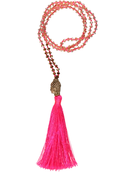 Buddha Head Bead Necklace, Pink Tassel