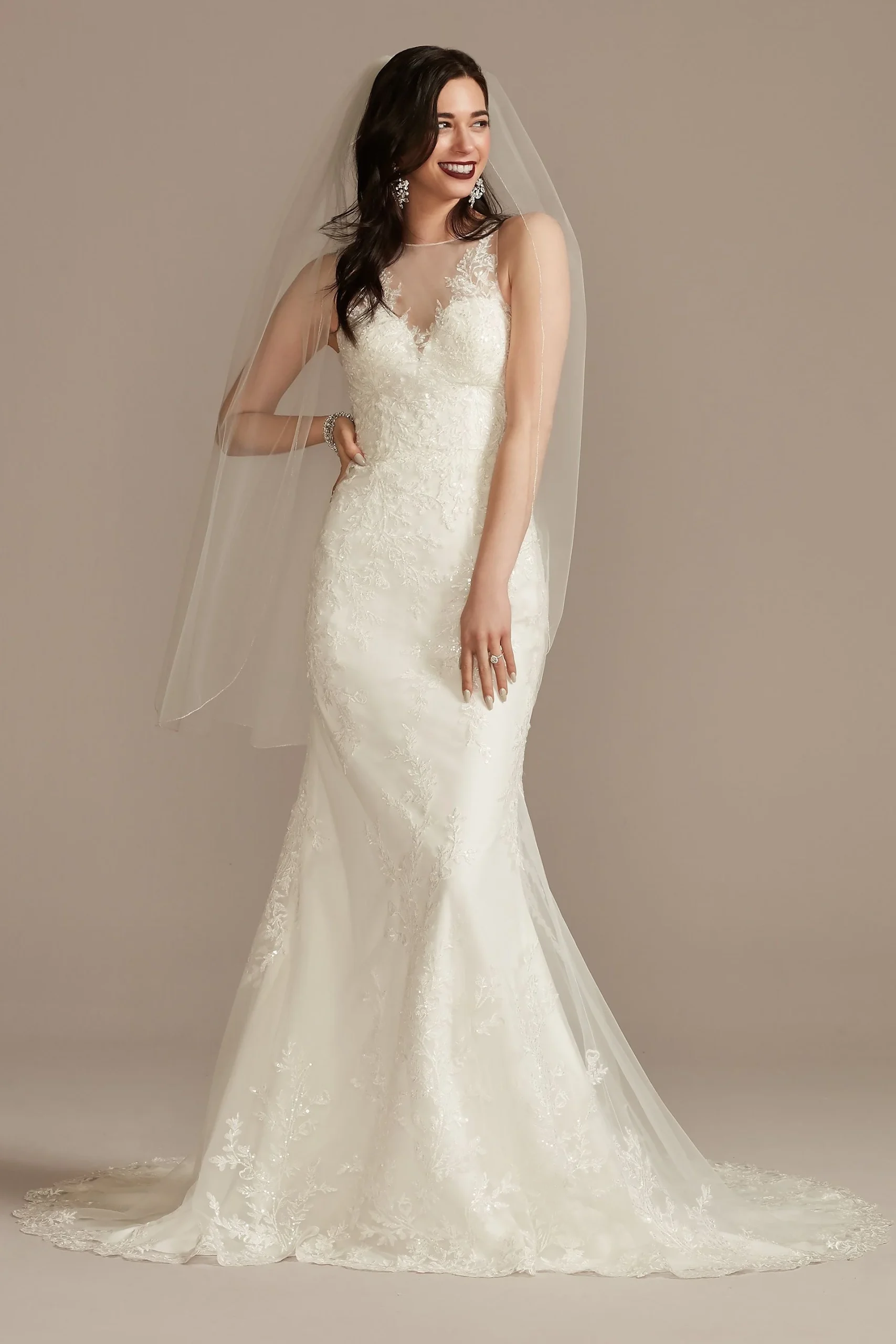Buttoned Illusion Back Wedding Dress with Applique