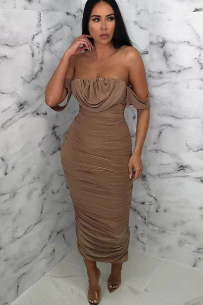 Camel Bardot Cowl Neck Ruched Midi Dress - Malia