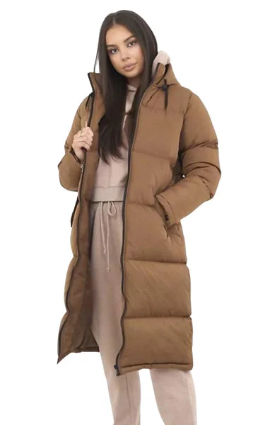 Camel Longline Hooded Puffer Coat - Ava