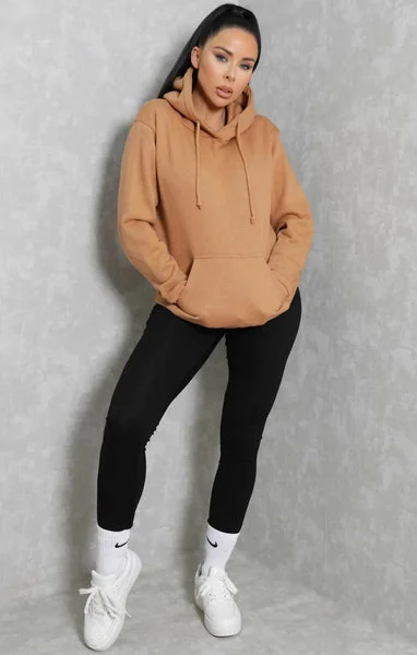 Camel OVERSIZED LONG SLEEVE FRONT POCKET DRAWSTRING FLEECE HOODIE - STELLA