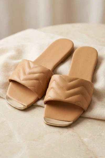 Camel Quilted Flat Slip-On Sandals with Gold Toe Detail - Yora
