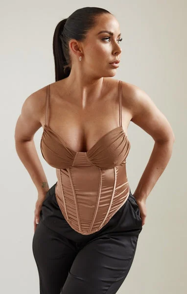Camel Satin Cup Detail Boned Corset Top - Yuri