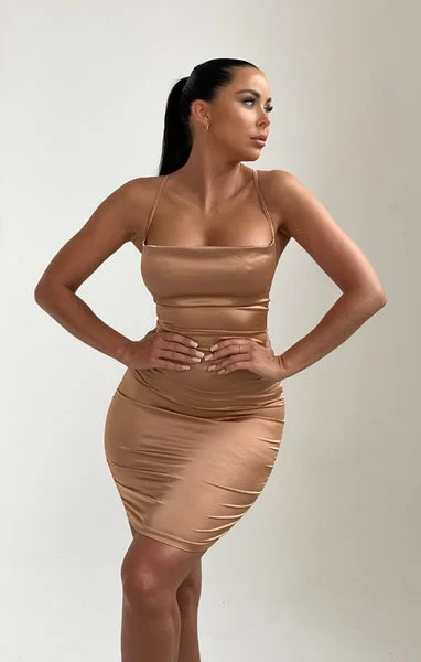 Camel Satin Lace Up Back Strappy Bodycon Mini Dress - Clary
