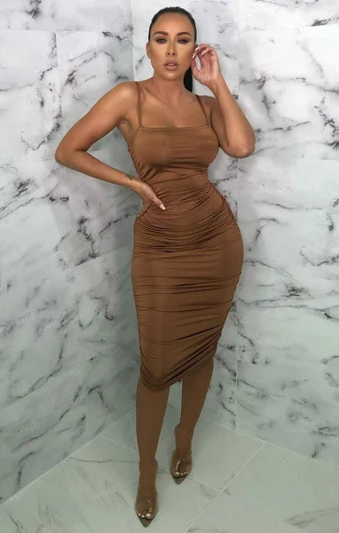 Camel Slinky Ruched Thin Strap Midi Dress - Vienna