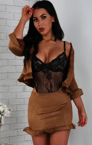 Camel Suede Frill Hem Mini High Waist Skirt- Delphine