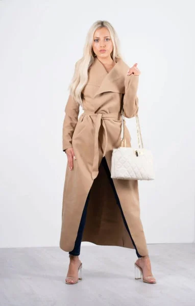 Camel Waterfall Draped Duster Maxi Coat - Danira