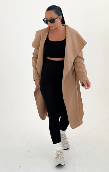 Camel Waterfall Duster Belted Long Coat - Guinevere