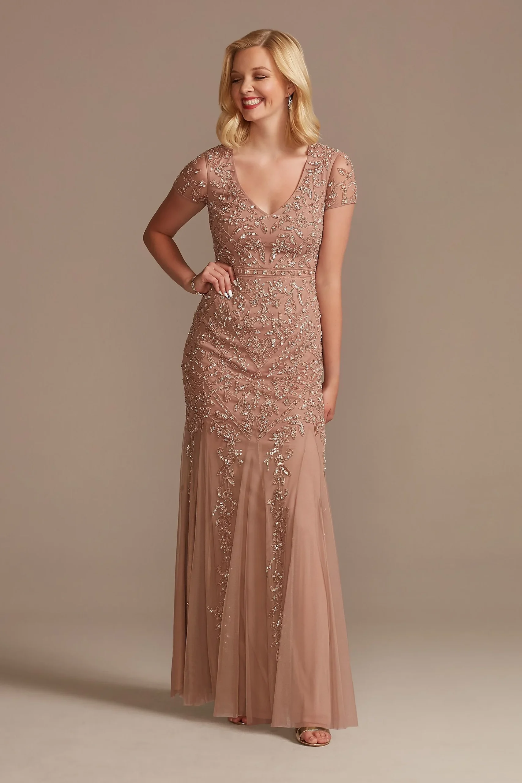 Cap Sleeve Beaded Sheath Dress with Tulle Godets