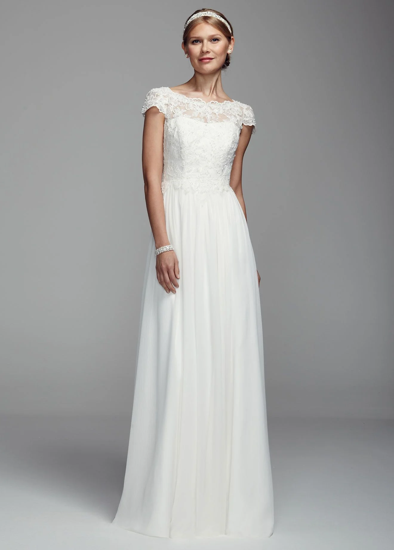 Cap Sleeve Chiffon Sheath Gown with Lace Detail